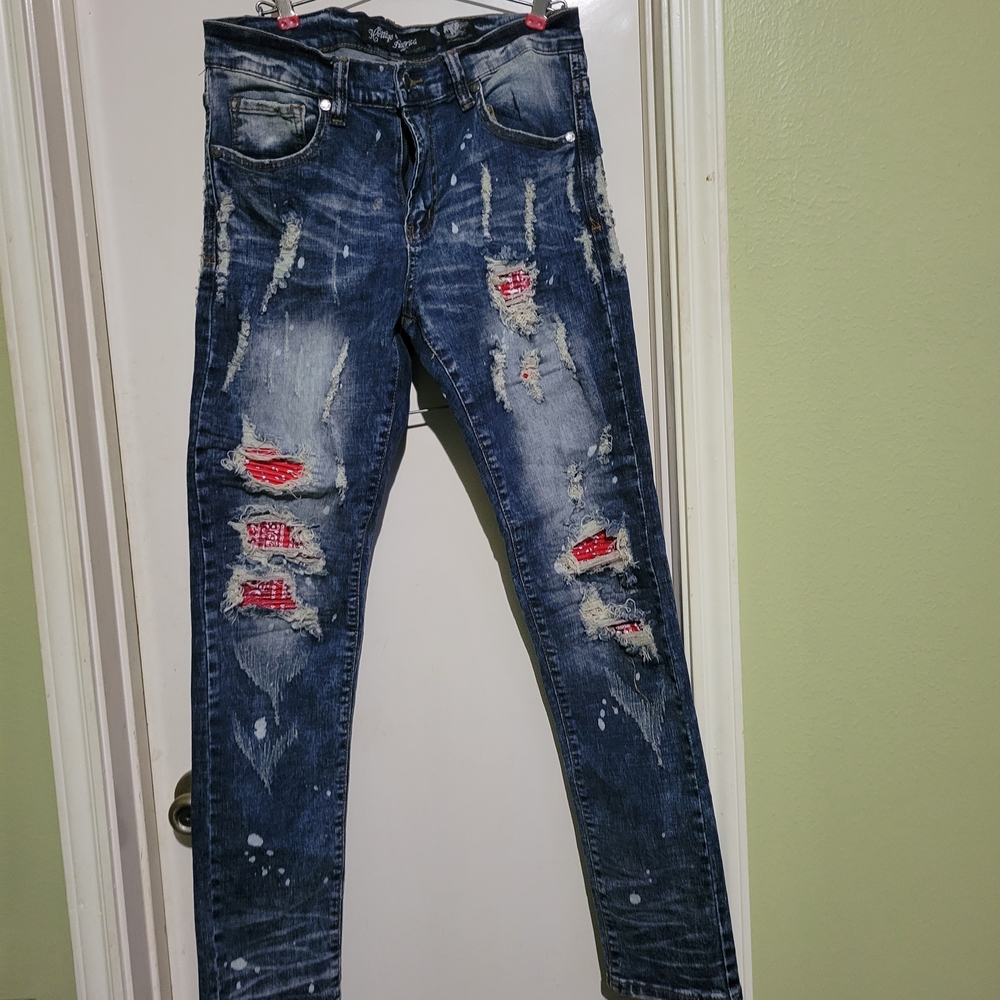 Heritage Of America Distressed Blue Jeans with Red Accents